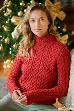 Womens Irish Knitwear|Womens Aran Fisherman Sweaters*Sweater Shop Luxurious Cable Knit Sweater - Ruby Red
