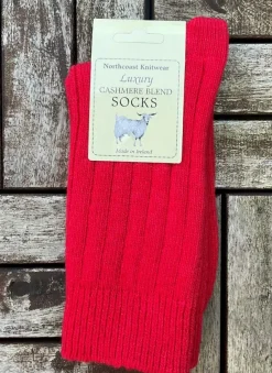 Aran Wool Socks|Wool Slippers*Sweater Shop Luxury Ladies Cashmere Blend Socks- Bright Red (size 35-39)
