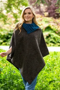 Womens Aran & Tweed Coats|Ladies Aran Ponchos & Capes*Sweater Shop Made in Ireland Tweed Poncho with Collar Grey