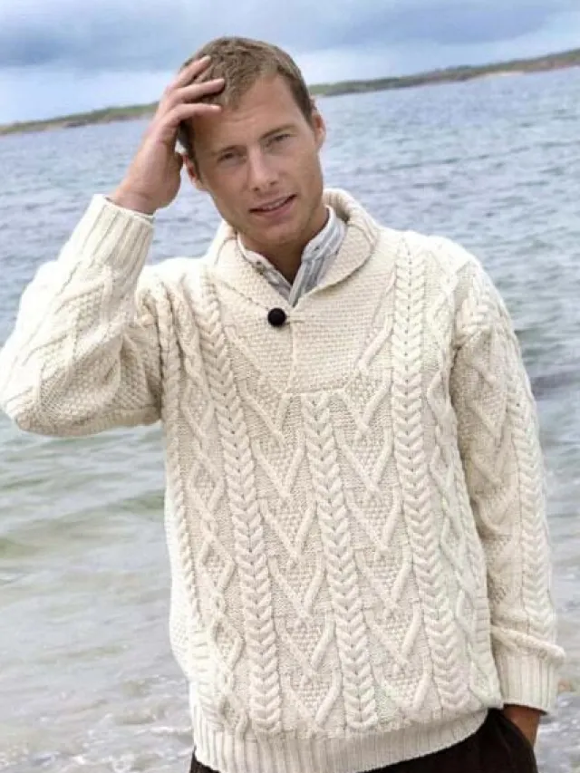 Mens Fisherman Sweaters|Mens Knitwear*Sweater Shop Men's Aran Cowl Neck Merino Sweater