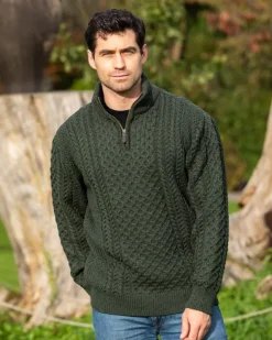 Mens Knitwear|Mens Fisherman Sweaters*Sweater Shop Mens Aran Half Zip Neck Sweater Army Green