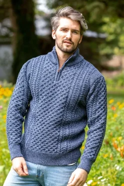 Mens Knitwear|Mens Fisherman Sweaters*Sweater Shop Mens Aran Half Zip Neck Sweater Denim Marl