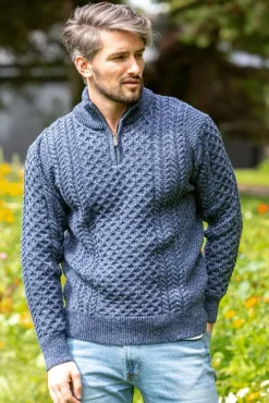 Mens Knitwear|Mens Fisherman Sweaters*Sweater Shop Mens Aran Half Zip Neck Sweater Denim Marl