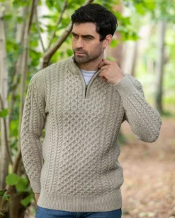 Mens Knitwear|Mens Fisherman Sweaters*Sweater Shop Mens Aran Half Zip Neck Sweater Beige