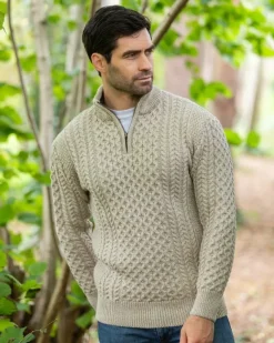 Mens Knitwear|Mens Fisherman Sweaters*Sweater Shop Mens Aran Half Zip Neck Sweater Beige