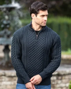 Mens Knitwear|Mens Fisherman Sweaters*Sweater Shop Mens Aran Half Zip Neck Sweater Blackwatch