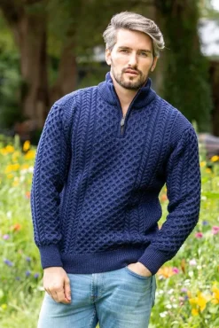 Mens Fisherman Sweaters|Mens Knitwear*Sweater Shop Mens Aran Half Zip Neck Sweater Deep Water Blue