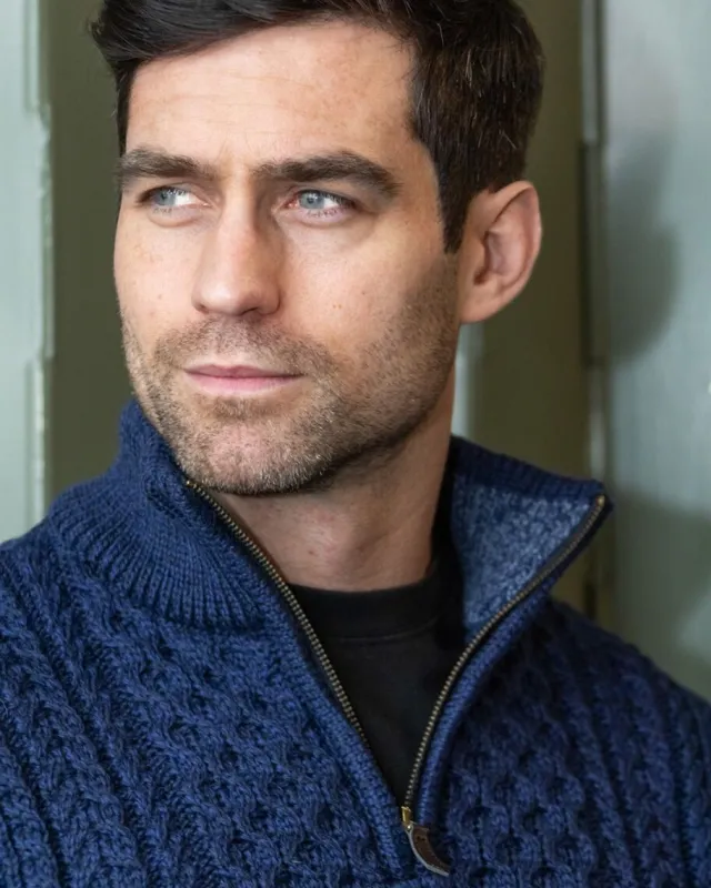 Mens Fisherman Sweaters|Mens Knitwear*Sweater Shop Mens Aran Half Zip Neck Sweater Deep Water Blue