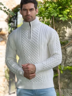 Mens Knitwear|Mens Fisherman Sweaters*Sweater Shop Mens Aran Half Zip Neck Sweater Natural