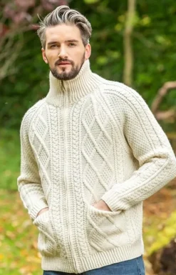 Mens Aran Cardigans|Mens Knitwear*Sweater Shop Mens Aran Handknit Full Zip Merino Wool Cardigan
