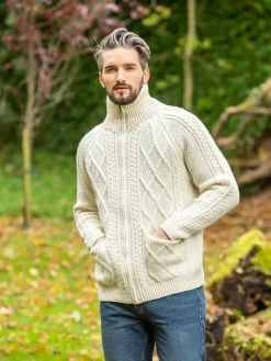 Mens Aran Cardigans|Mens Knitwear*Sweater Shop Mens Aran Handknit Full Zip Merino Wool Cardigan