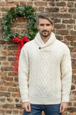Mens Fisherman Sweaters|Mens Knitwear*Sweater Shop Men's Aran Shawl Neck Merino Wool Sweater