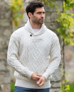 Mens Fisherman Sweaters|Mens Knitwear*Sweater Shop Men's Aran Shawl Neck Merino Wool Sweater