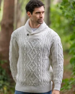 Mens Fisherman Sweaters|Mens Knitwear*Sweater Shop Men's Aran Shawl Neck Merino Wool Sweater