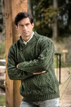 Mens Fisherman Sweaters|Mens Knitwear*Sweater Shop Mens Aran Shawl Neck Sweater Green