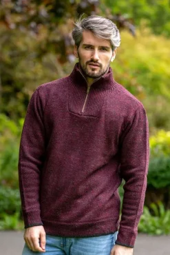 Mens Fisherman Sweaters|Mens Knitwear*Sweater Shop Men's Burgundy Lambswool Half Zip Sweater