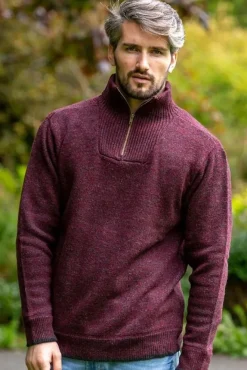 Mens Fisherman Sweaters|Mens Knitwear*Sweater Shop Men's Burgundy Lambswool Half Zip Sweater