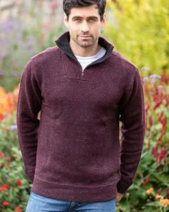 Mens Fisherman Sweaters|Mens Knitwear*Sweater Shop Men's Burgundy Lambswool Half Zip Sweater