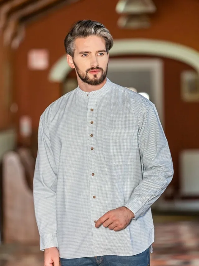 Mens Grandfather Shirts*Sweater Shop Men's Check Traditional Grandfather Shirt - SW1234