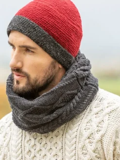 Aran Wool Hats|Mens Caps*Sweater Shop Mens Crochet Hat Red and Charcoal Rim