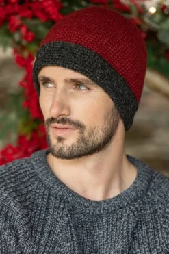 Aran Wool Hats|Mens Caps*Sweater Shop Mens Crochet Hat Red and Charcoal Rim