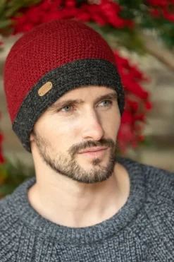 Aran Wool Hats|Mens Caps*Sweater Shop Mens Crochet Hat Red and Charcoal Rim