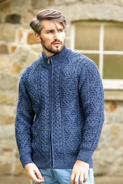Mens Aran Cardigans|Mens Knitwear*Sweater Shop Mens Fisherman Full zip Cardigan Denim Marl