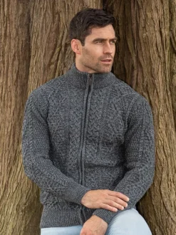 Mens Aran Cardigans|Mens Knitwear*Sweater Shop Men's Fisherman Full Zip Cardigan - Slate