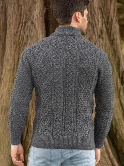 Mens Aran Cardigans|Mens Knitwear*Sweater Shop Men's Fisherman Full Zip Cardigan - Slate