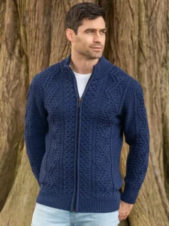 Mens Knitwear|Mens Aran Cardigans*Sweater Shop Men's Fisherman Full Zip Cardigan Deep Water Blue