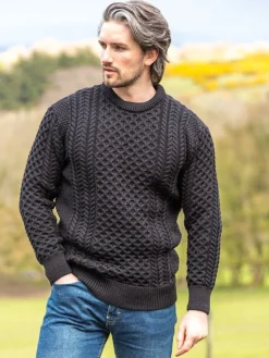 Mens Knitwear*Sweater Shop Mens Fisherman Merino Wool Sweater Black