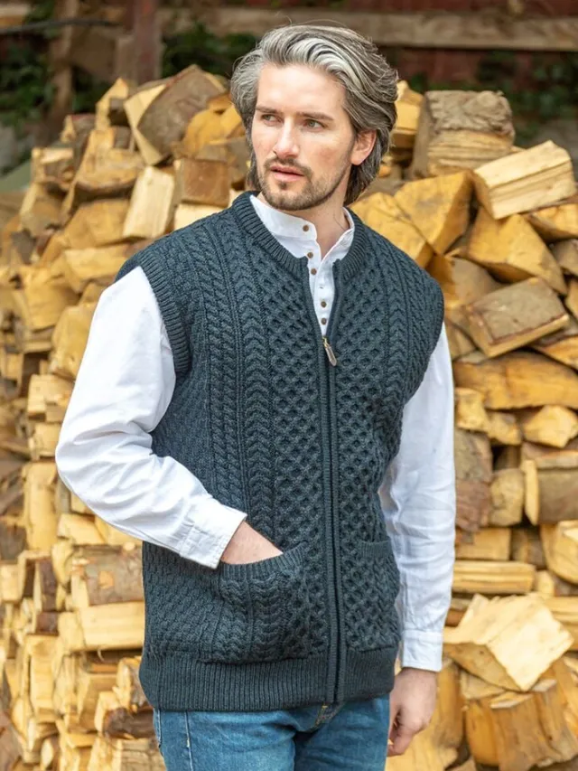 Mens Grandfather Shirts|Mens Waistcoats*Sweater Shop Mens Full Zip Aran Waistcoat Blackwatch