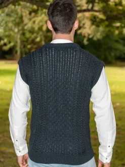 Mens Grandfather Shirts|Mens Waistcoats*Sweater Shop Mens Full Zip Aran Waistcoat Blackwatch