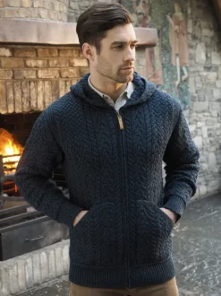 Mens Aran Cardigans|Mens Knitwear*Sweater Shop Mens Full Zip Hooded Cardigan - Navy