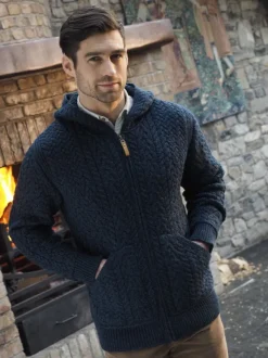 Mens Aran Cardigans|Mens Knitwear*Sweater Shop Mens Full Zip Hooded Cardigan - Navy