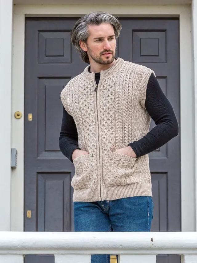 Mens Waistcoats|Mens Aran Cardigans*Sweater Shop Mens Full Zip Waistcoat Parsnip