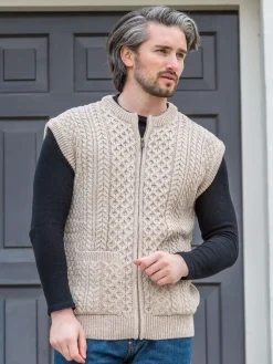 Mens Waistcoats|Mens Aran Cardigans*Sweater Shop Mens Full Zip Waistcoat Parsnip
