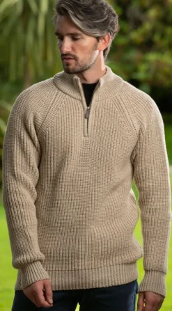 Mens Fisherman Sweaters*Sweater Shop Men's half zip ribbed sweater Camel