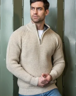 Mens Fisherman Sweaters*Sweater Shop Men's half zip ribbed sweater Camel