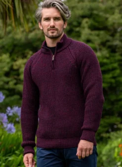 Mens Fisherman Sweaters|Mens Knitwear*Sweater Shop Men's half zip ribbed sweater Berry