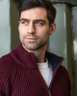 Mens Fisherman Sweaters|Mens Knitwear*Sweater Shop Men's half zip ribbed sweater Berry