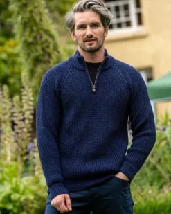 Mens Knitwear*Sweater Shop Men's half zip ribbed sweater Deep Water Blue
