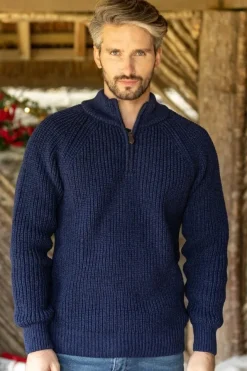Mens Knitwear*Sweater Shop Men's half zip ribbed sweater Deep Water Blue