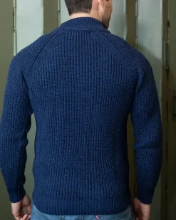 Mens Knitwear*Sweater Shop Men's half zip ribbed sweater Deep Water Blue