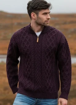Mens Aran Cardigans|Mens Fisherman Sweaters*Sweater Shop Men's Merino Wool Half Zip Aran Sweater Damson