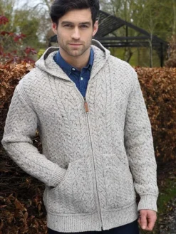Mens Aran Cardigans|Mens Knitwear*Sweater Shop Men's Oatmeal Cable Knit Full Zip Hooded Cardigan