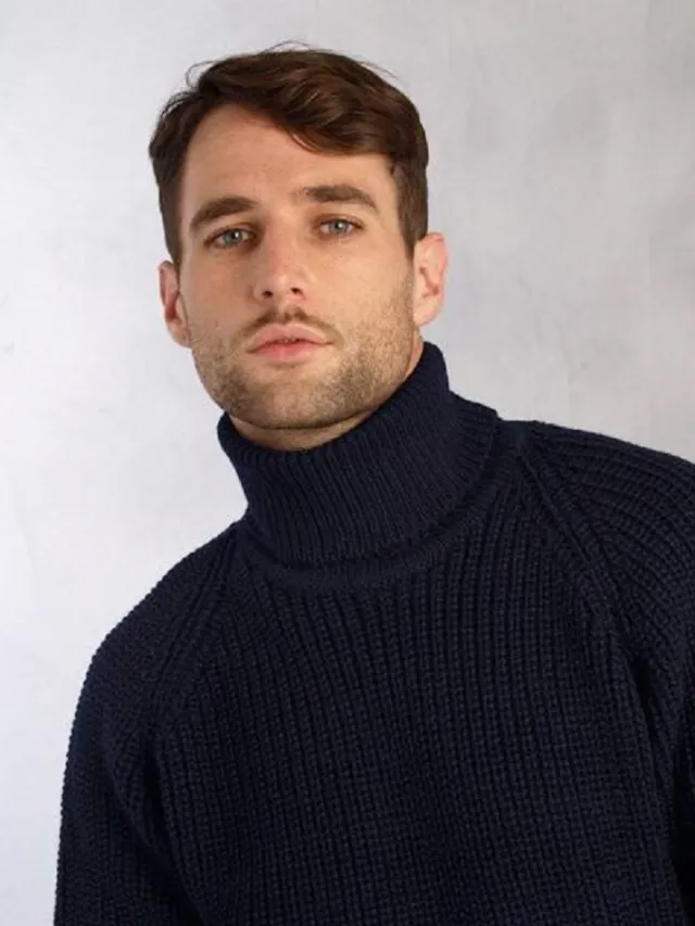 Mens Fisherman Sweaters|Mens Knitwear*Sweater Shop Mens Rib Roll Neck Navy