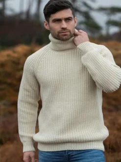 Mens Knitwear|Mens Fisherman Sweaters*Sweater Shop Men's Rib Roll Neck Sweater Natural