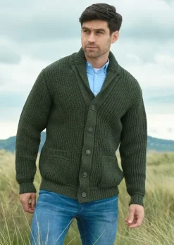 Mens Aran Cardigans|Mens Knitwear*Sweater Shop Men's ribbed cardigan Army Green
