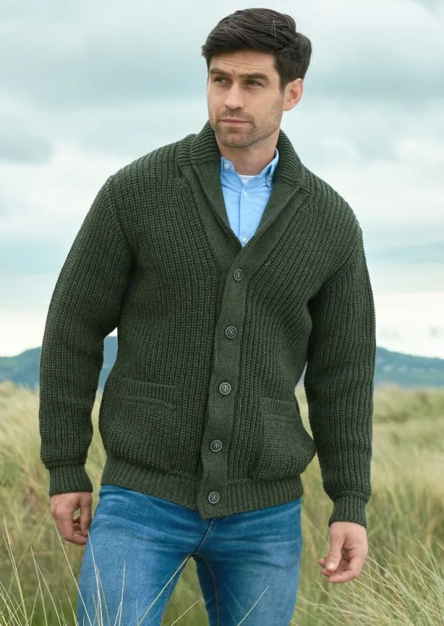 Mens Aran Cardigans|Mens Knitwear*Sweater Shop Men's ribbed cardigan Army Green